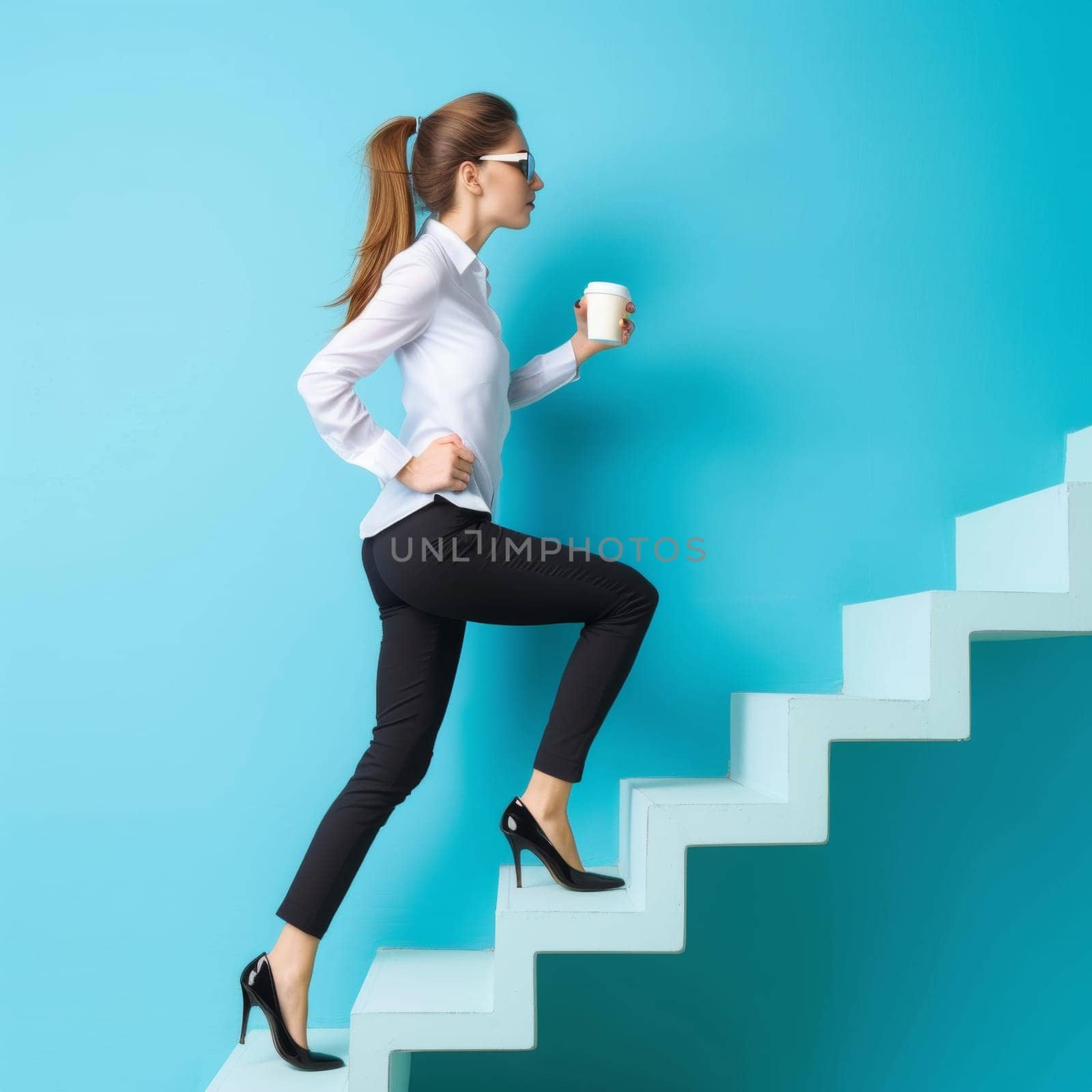 A professional businesswoman climbing 3D stairs, coffee in hand