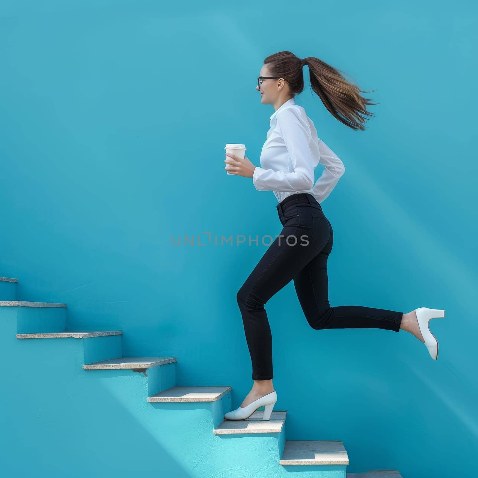 Professional woman in business attire ascending steps with coffee, symbolizing progress. by sfinks