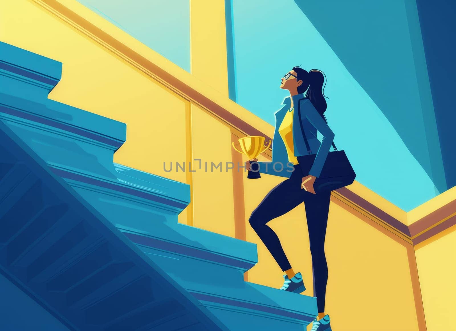 Stylized illustration of a woman on stairs with a trophy, symbolizing achievement. by sfinks