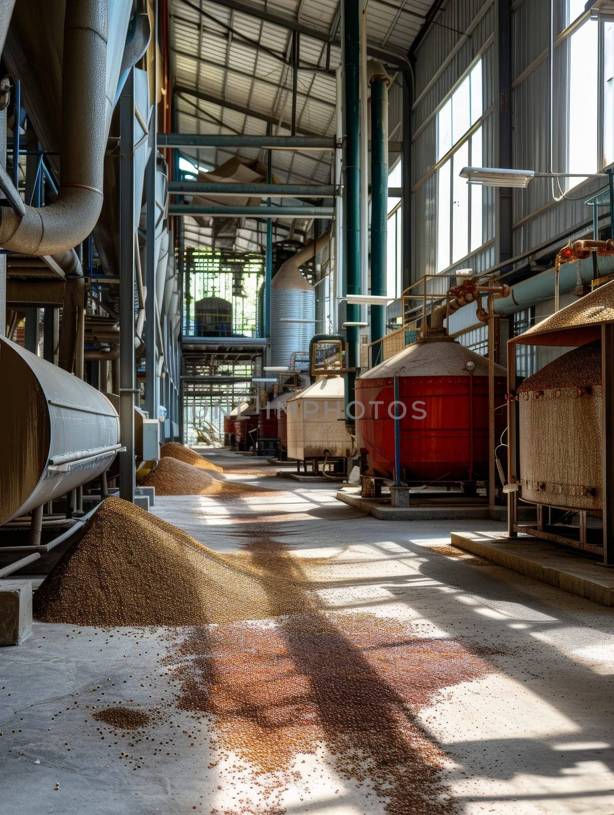 Sunlight filters through a large industrial grain processing facility with heaps of grain on the floor