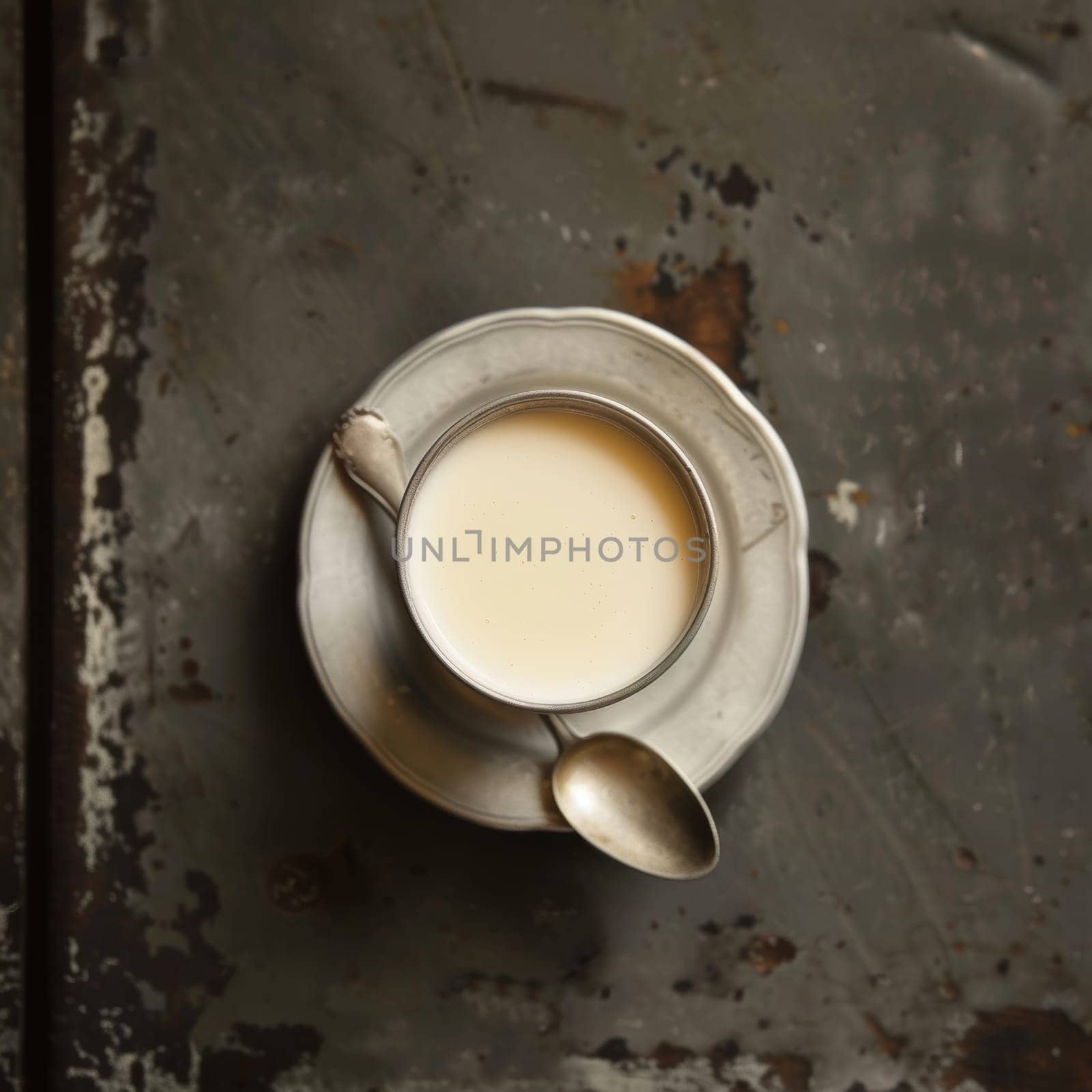 Vintage metal cup full of fresh condensed milk on a rustic, weathered table