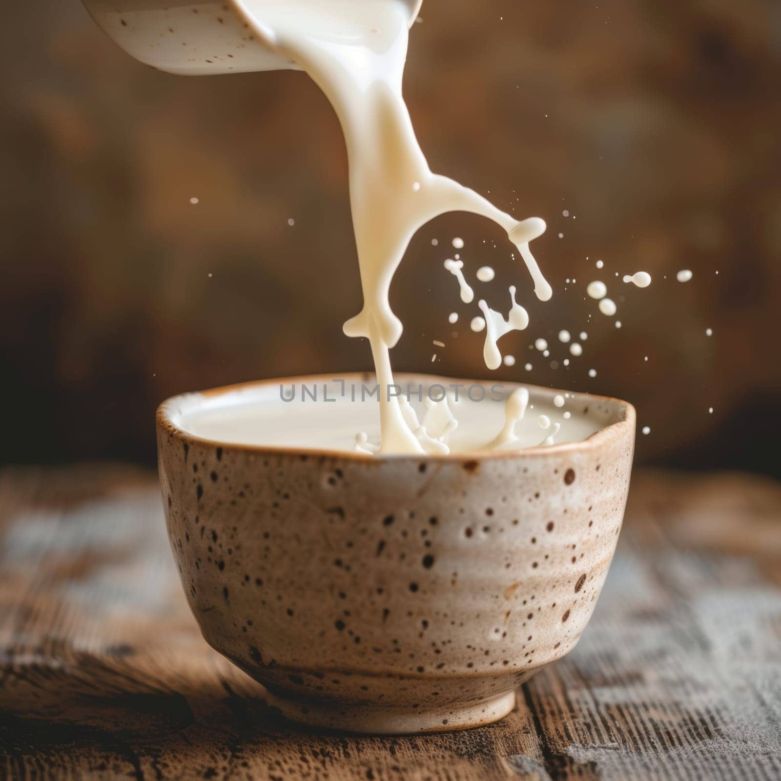 Action shot of milk being poured into a handcrafted ceramic bowl creating a splash
