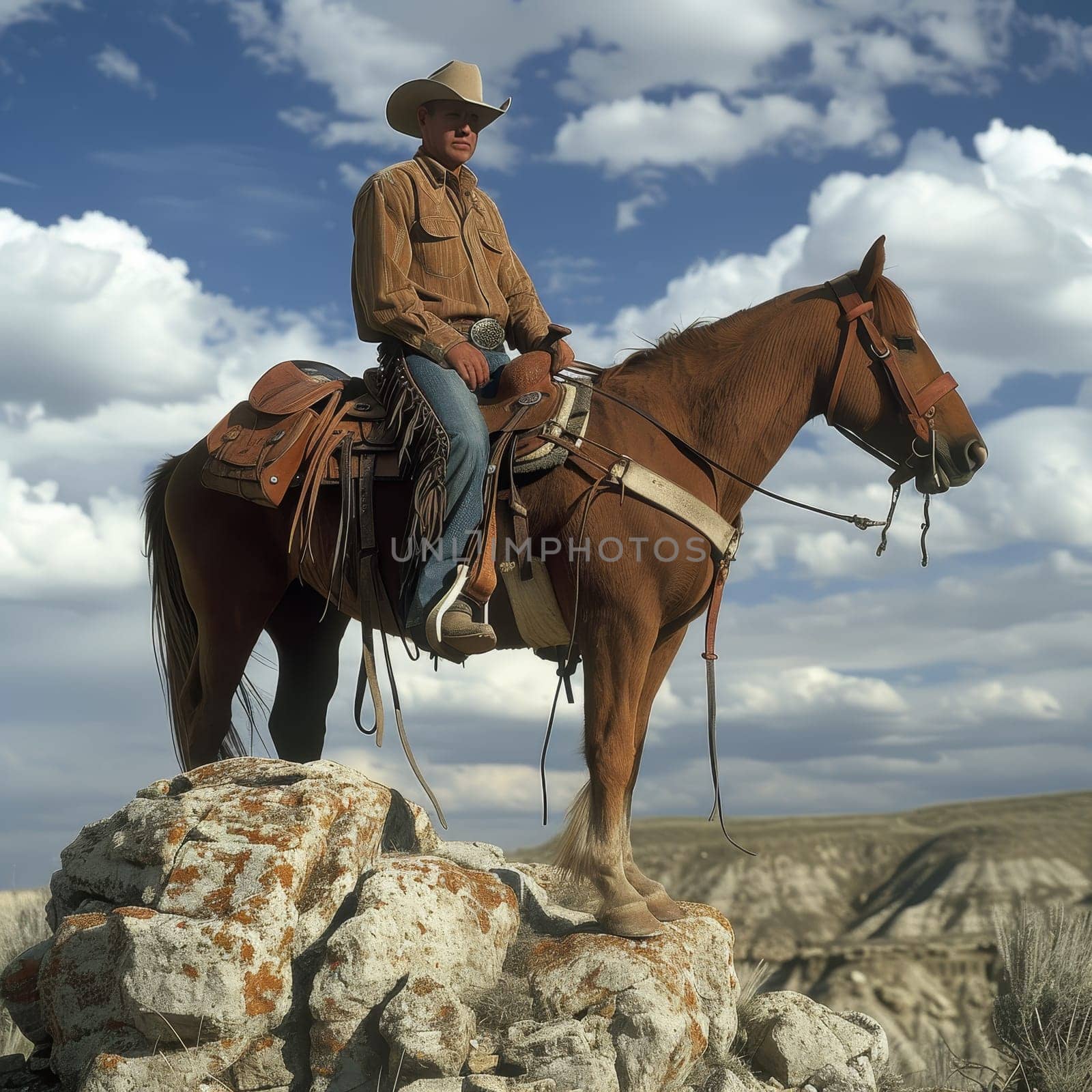 Confident cowboy sits astride a horse on a rocky outcrop under a vast sky