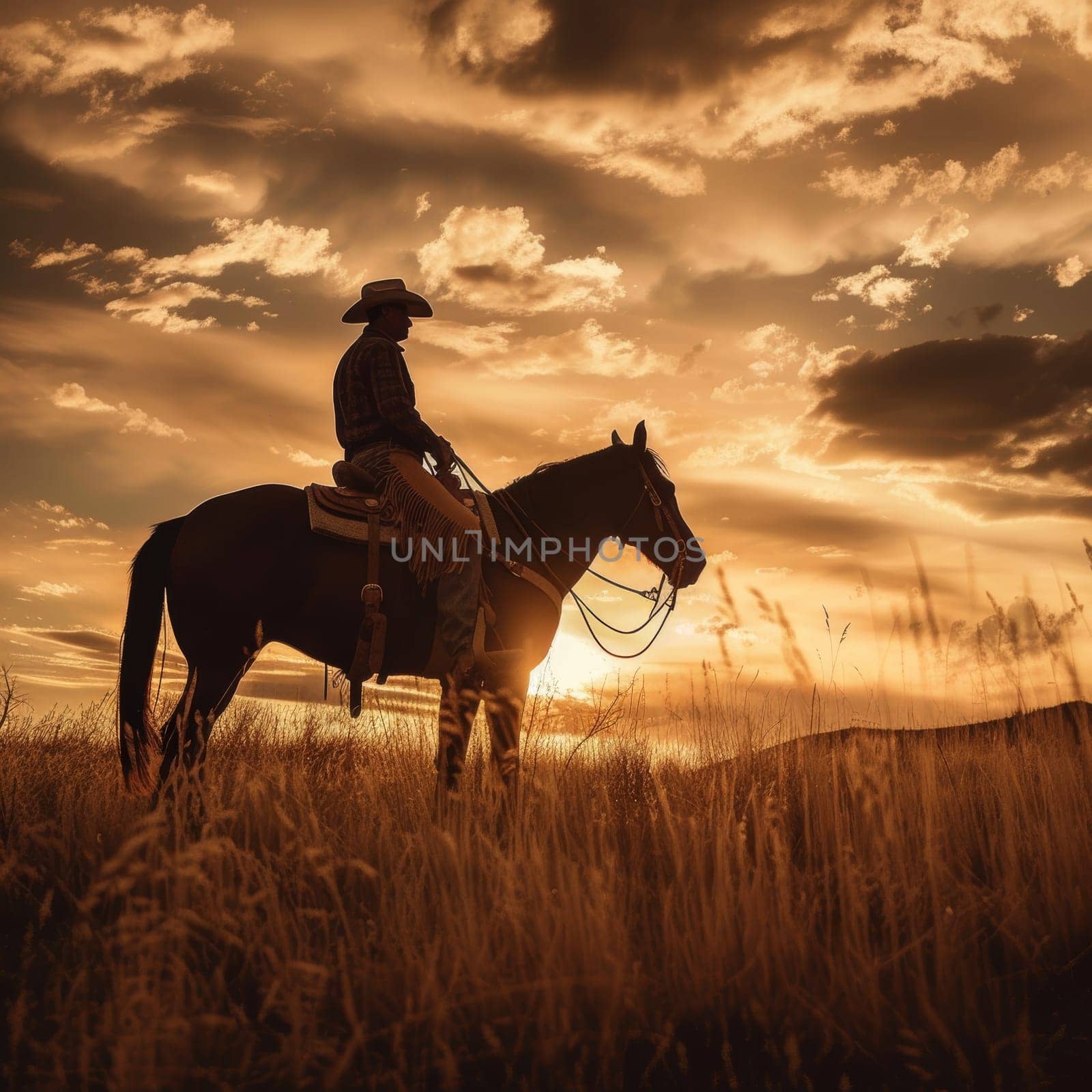 Silhouette of a cowboy on horseback against a striking sunset over the open field