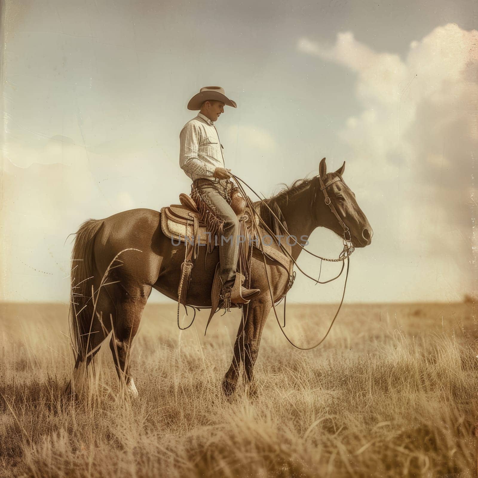 Vintage sepia-toned image of a cowboy riding a horse in an open field. by sfinks