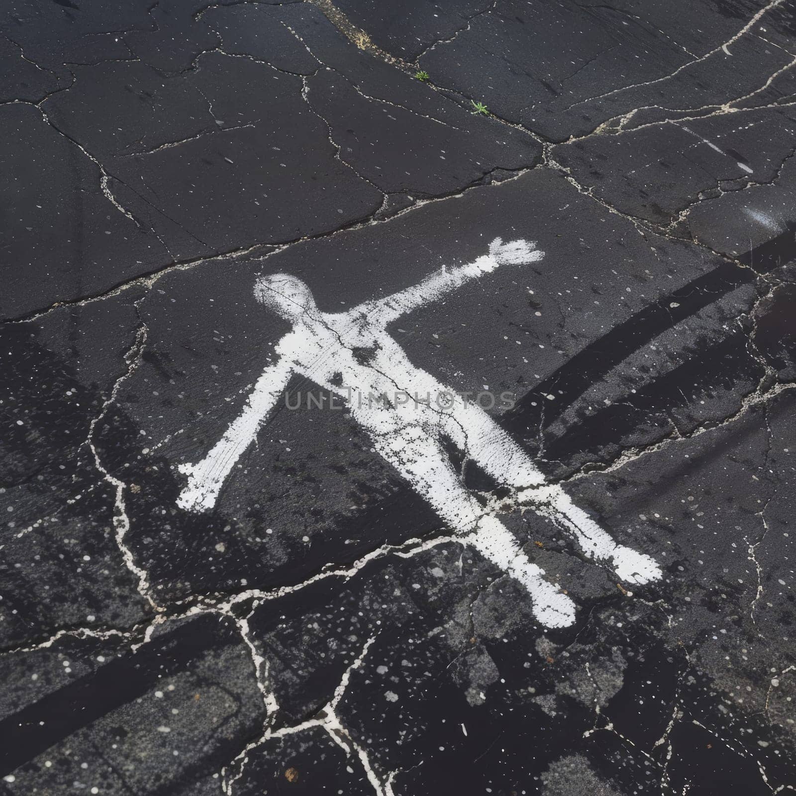 Chalk outline of a human figure on dark asphalt, reminiscent of a crime scene