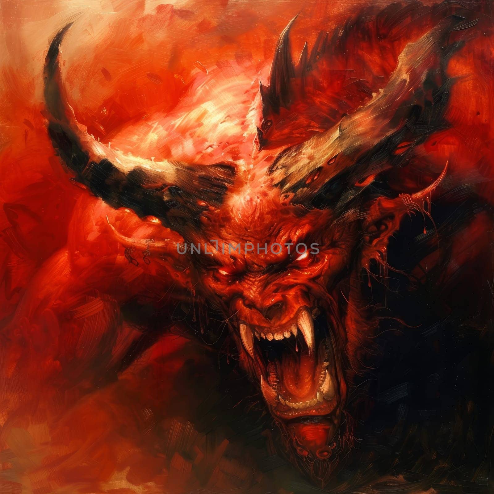 Artistic depiction of a fierce red demon with glaring eyes and large horns
