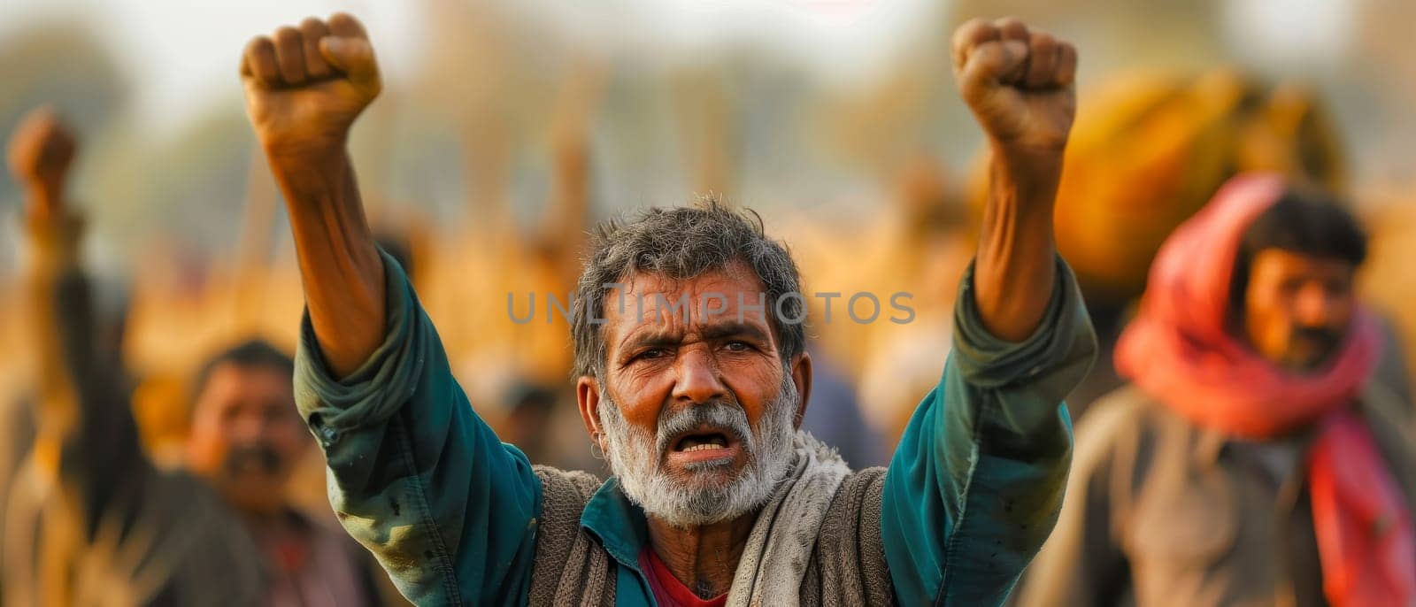 Middle-aged protester with fierce expression, raising his fist in a call for action. by sfinks