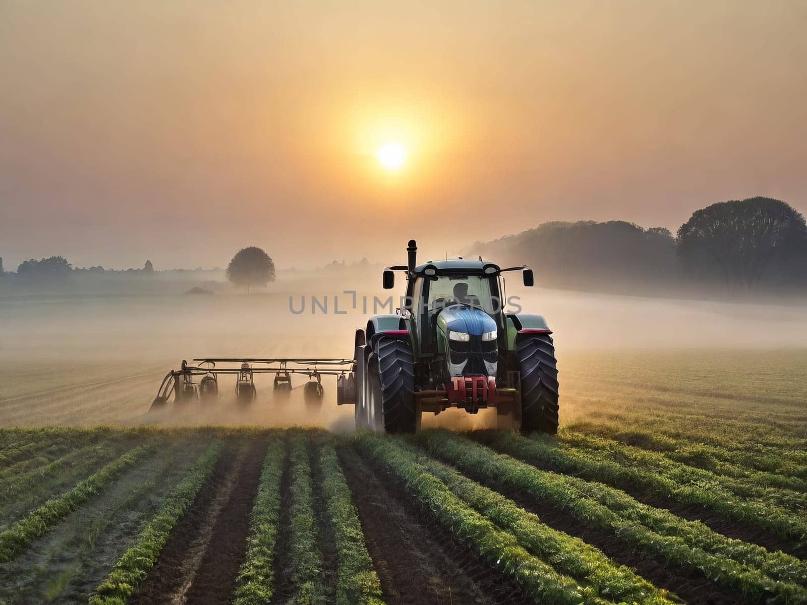 Agricultural machinery: modern tractor spraying crops in misty field at early morning.