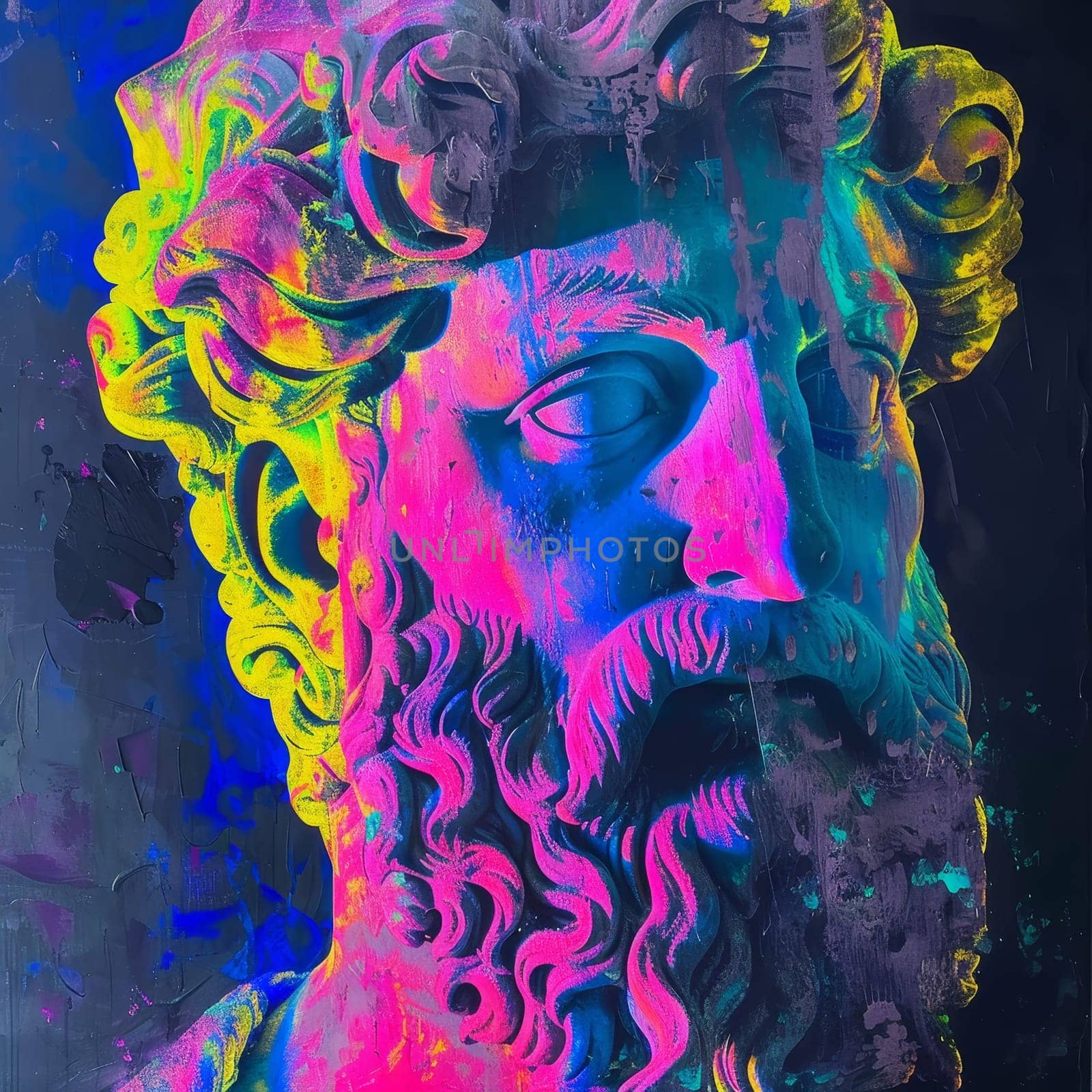 Classical statue illuminated with vibrant neon colors in an artistic display