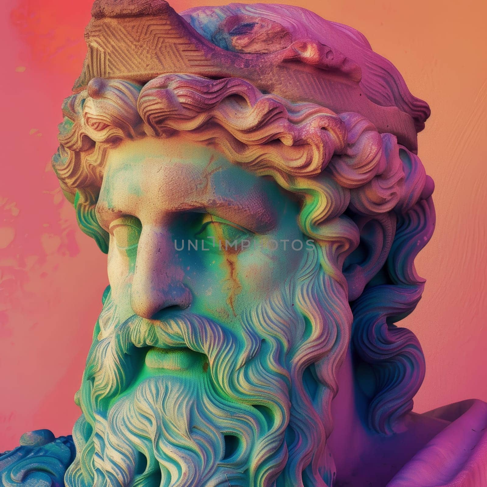 Classical statue illuminated with vibrant neon colors in an artistic display