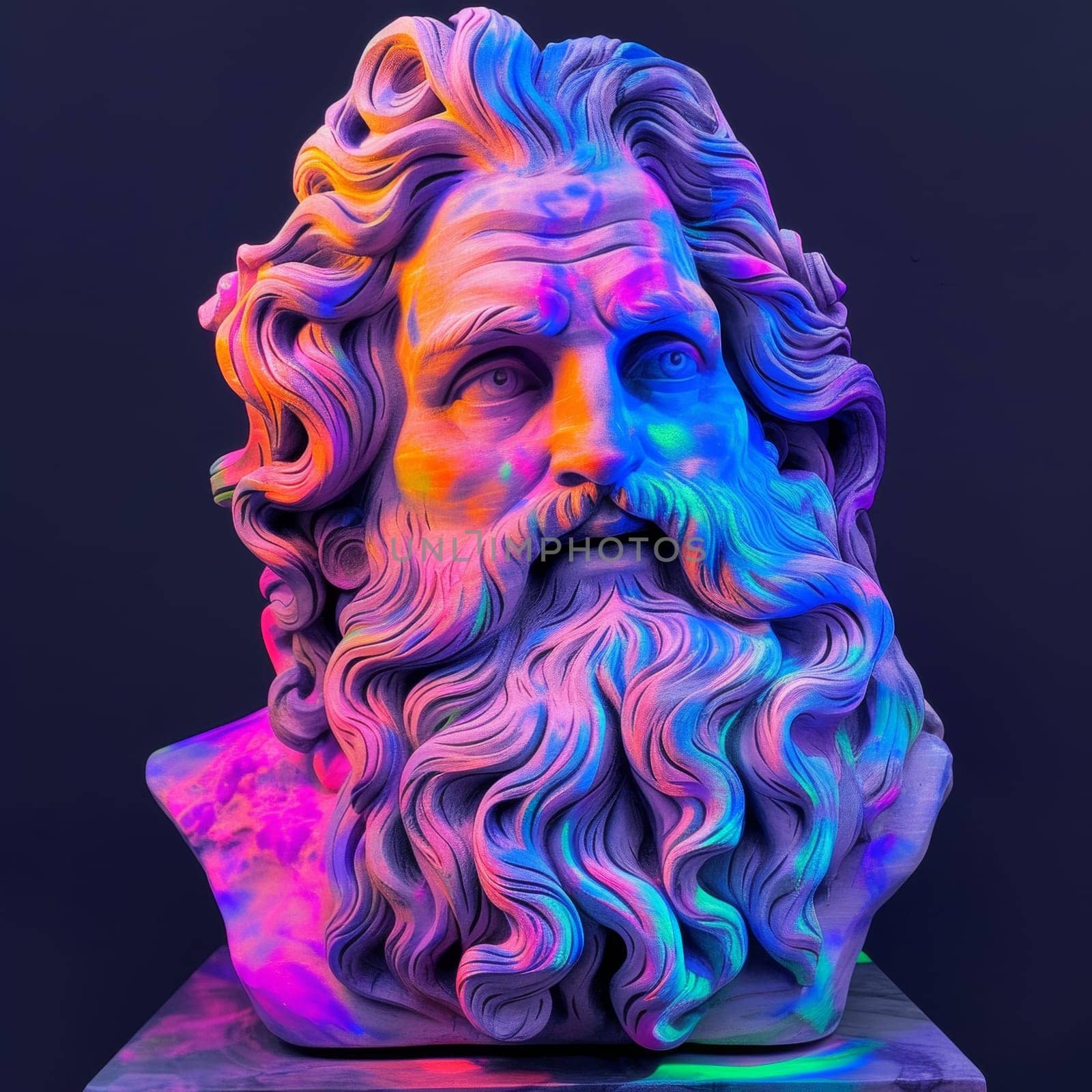 Greek sculpture bathed in cosmic neon lights, creating a surreal effect. by sfinks
