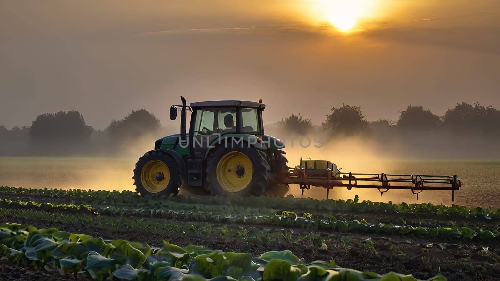 A modern tractor equipped with spray booms is seen in a misty field during the early morning. The tractor is spraying crops, creating a picturesque agricultural scene. by Annu1tochka