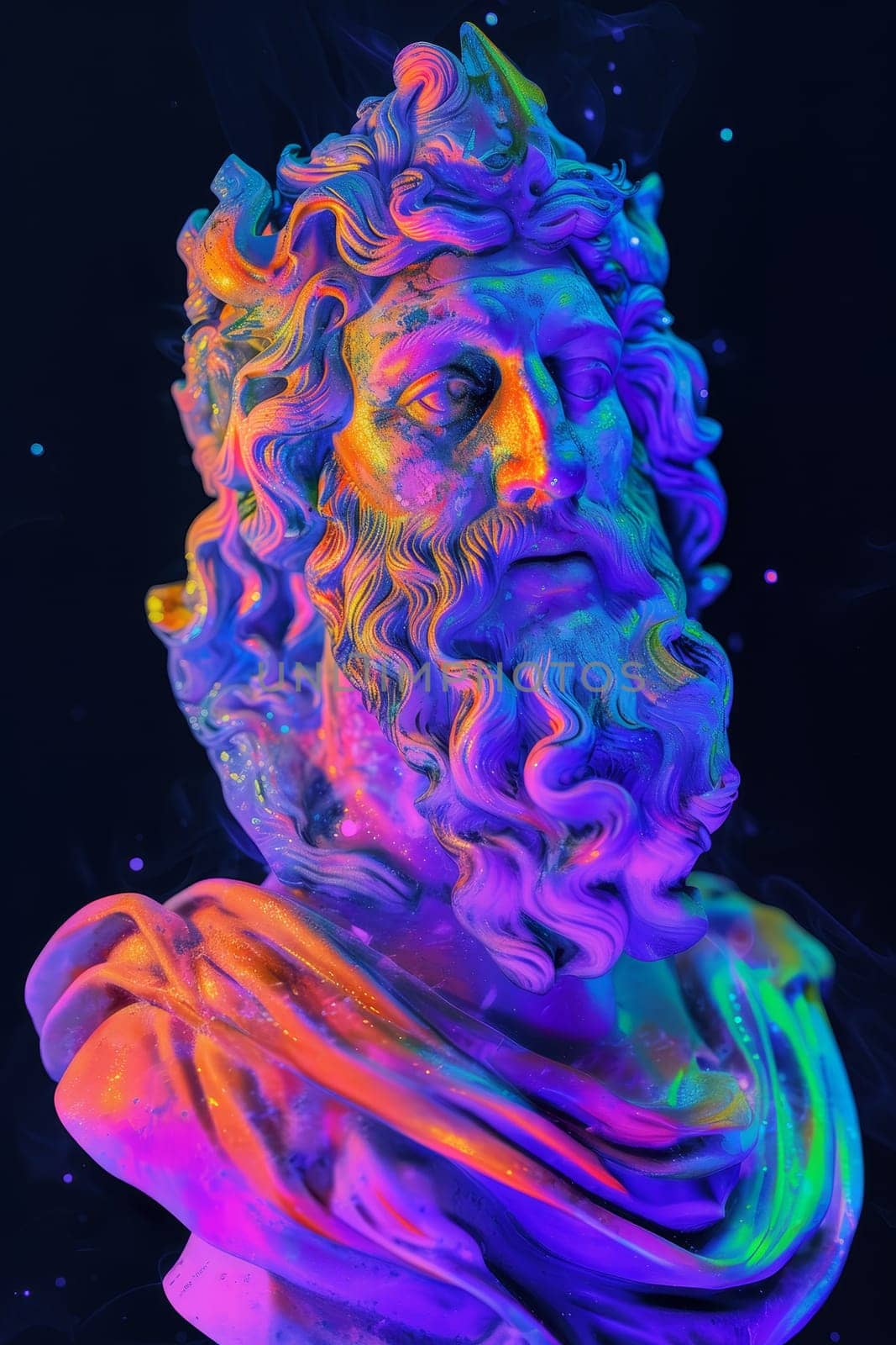 Greek sculpture bathed in cosmic neon lights, creating a surreal effect. by sfinks