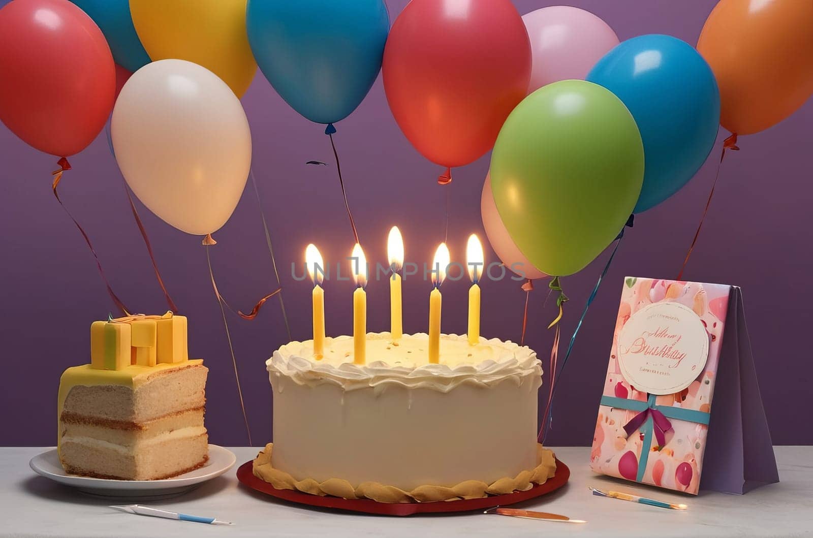 Birthday Bliss: A festive cake adorned with candles, set in a room decorated with balloons, radiating birthday joy and celebration.