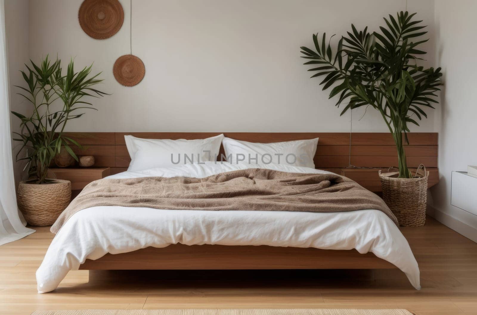 Cozy home garden, bedroom in white and wooden tones. Close-up: bed, parquet floor, and numerous houseplants. Urban jungle interior design. Biophilia concept