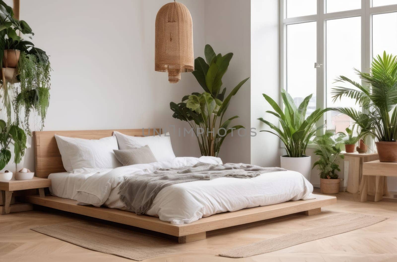 Interesting corner in a home garden, bedroom in light tones with wooden elements. Featuring: bed, parquet floor, and plenty of potted houseplants. Urban jungle interior design. Biophilia concept