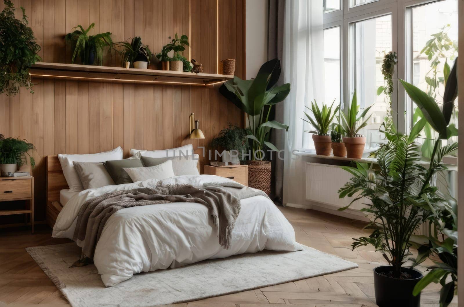 Cozy nook in a home garden, bedroom in white and wooden hues. Featuring bed, wooden floor, and a variety of plants. Interior design in urban jungle style. Biophilia concept