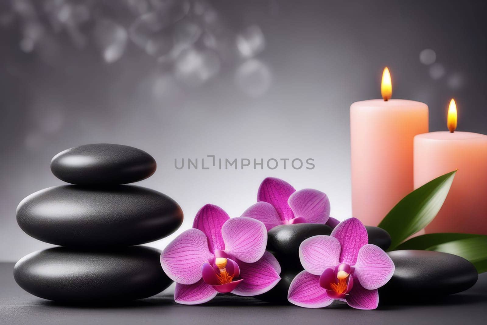 Spa gray background with massage stones, exotic flowers and copy space. by Annu1tochka