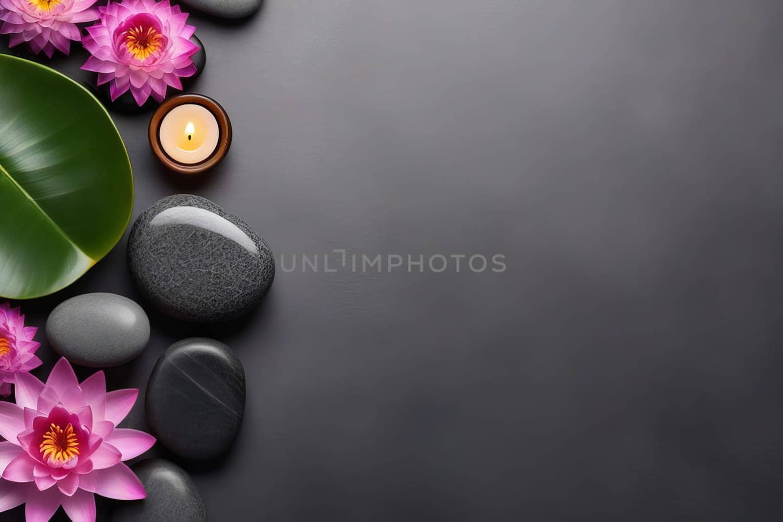 Spa gray background with massage stones, exotic flowers and copy space. by Annu1tochka