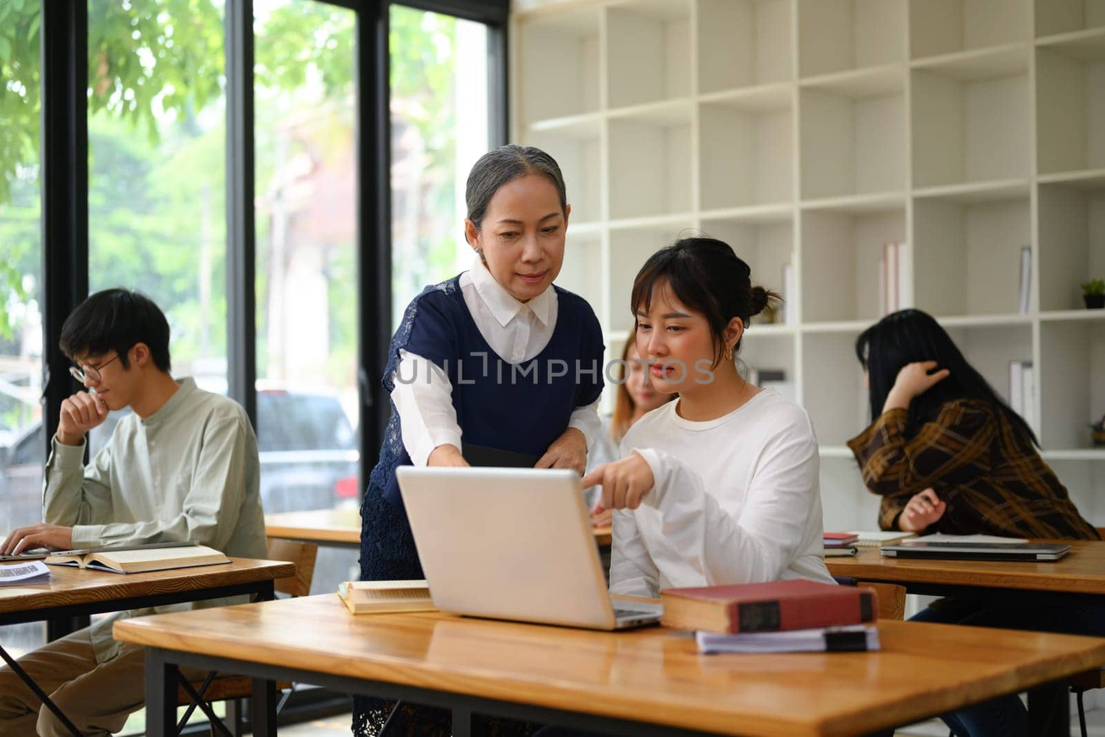 Mature lecturer assisting college student with laptop in classroom. Education concept.