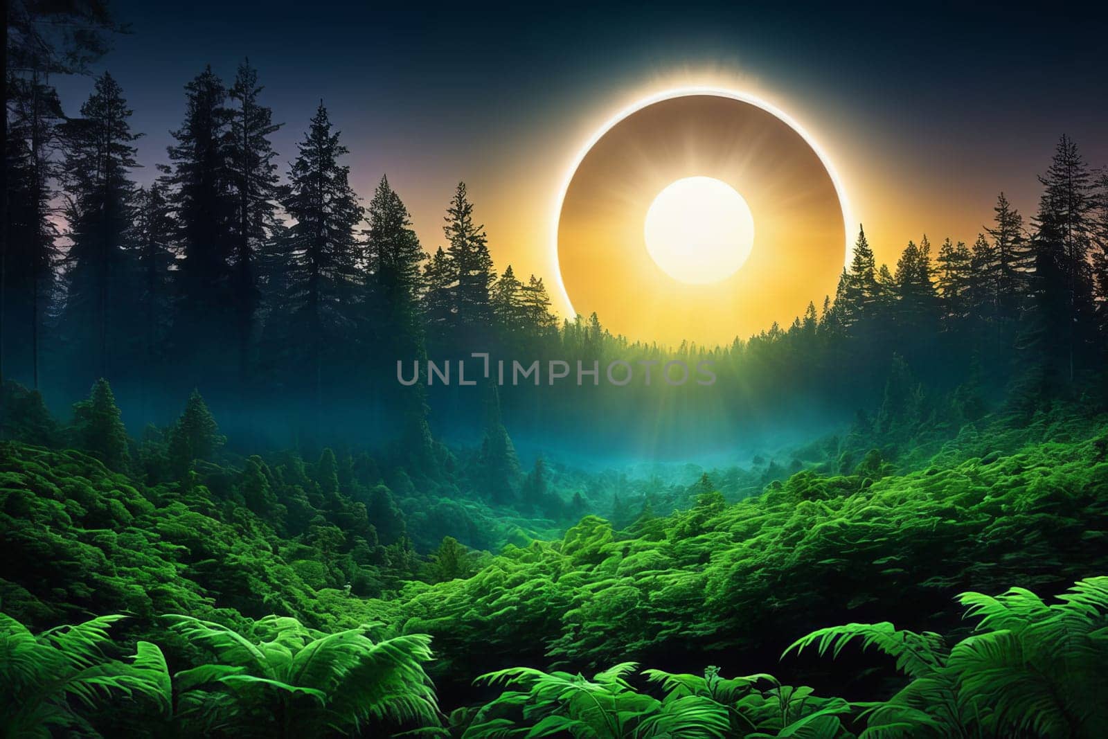A tranquil sun kissed forest scene with a clearing, dappled sunlight, and a mystical vibe. Perfect for nature, travel, or fantasy themes. Isolated on a green gradient background.