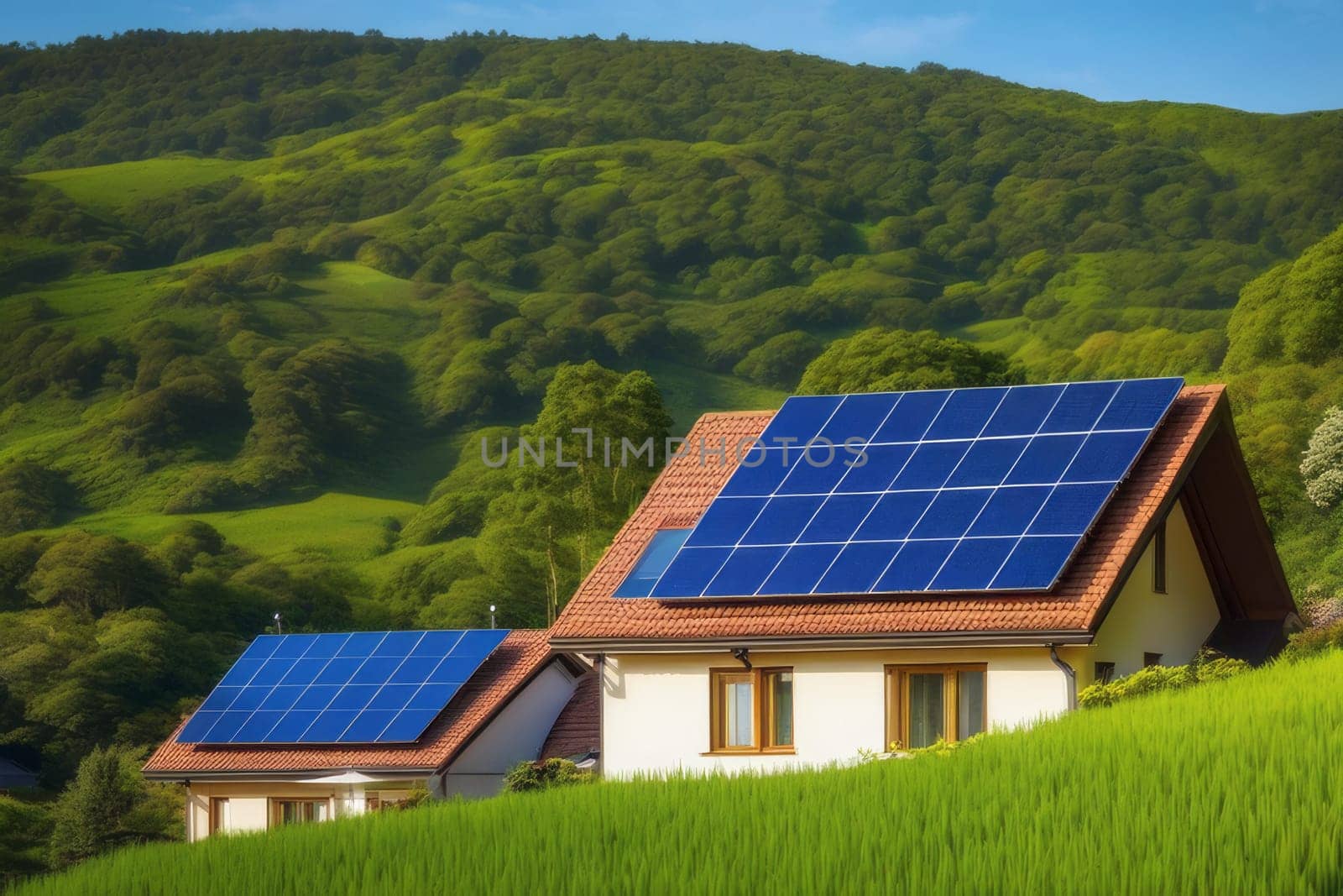 Solar panels by countryside house. Saving electrical energy. Alternative sources of electricity