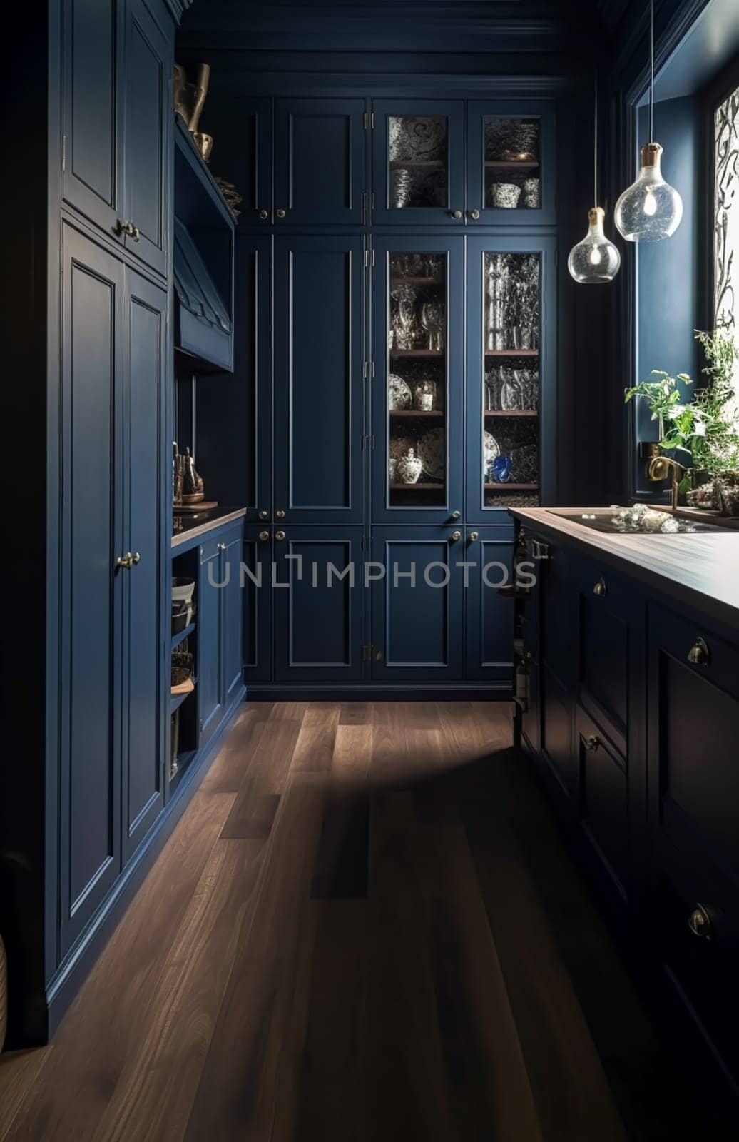 Dark blue kitchen decor, interior design and house improvement, classic English in frame kitchen cabinets, countertop and applience in a country house, generative ai by Anneleven