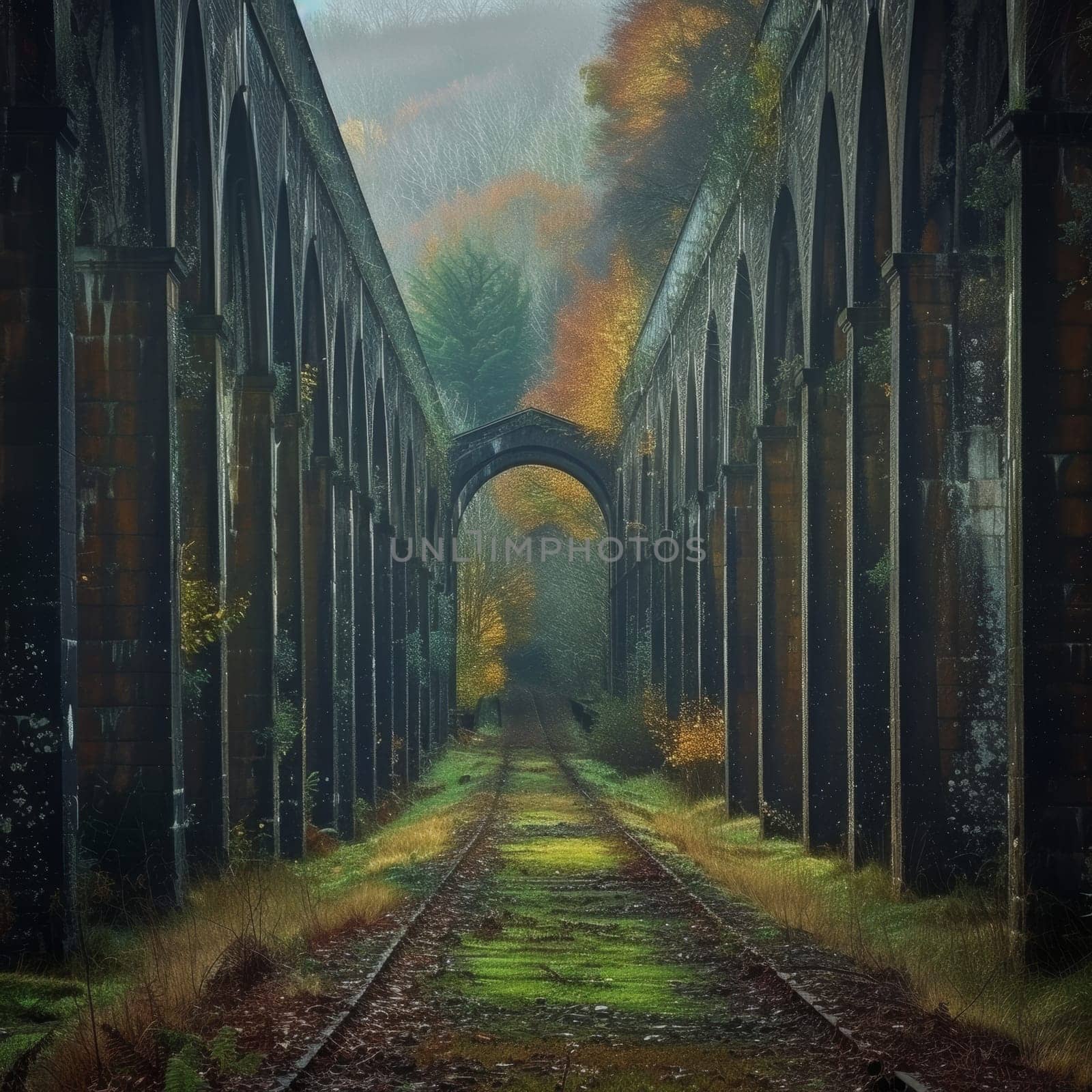 Overgrown railway under a grand arch, surrounded by autumnal trees and a mystical fog