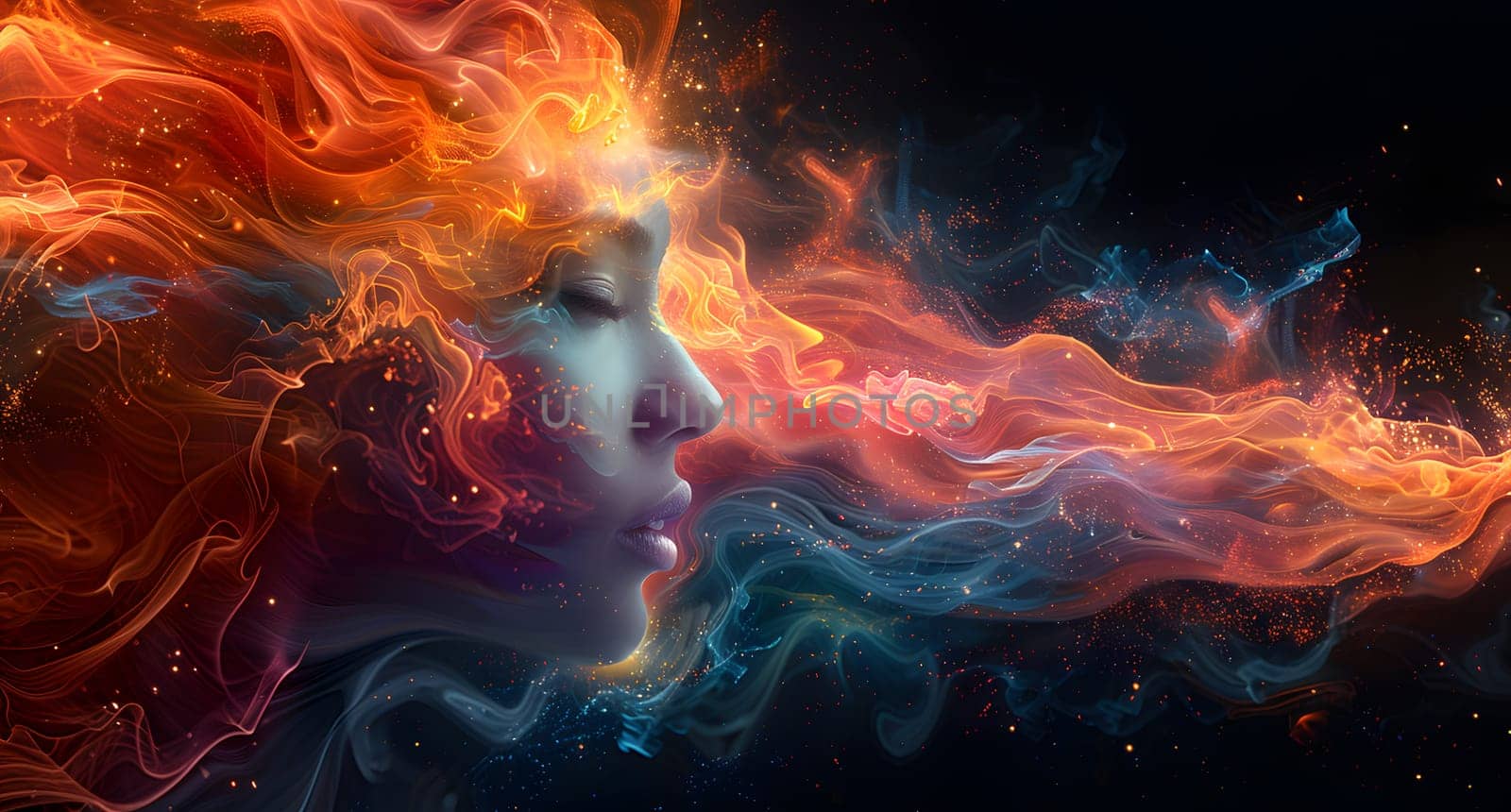 A woman with fiery red hair is exhaling flames into the atmosphere, creating a dramatic display of fire against the electric blue sky