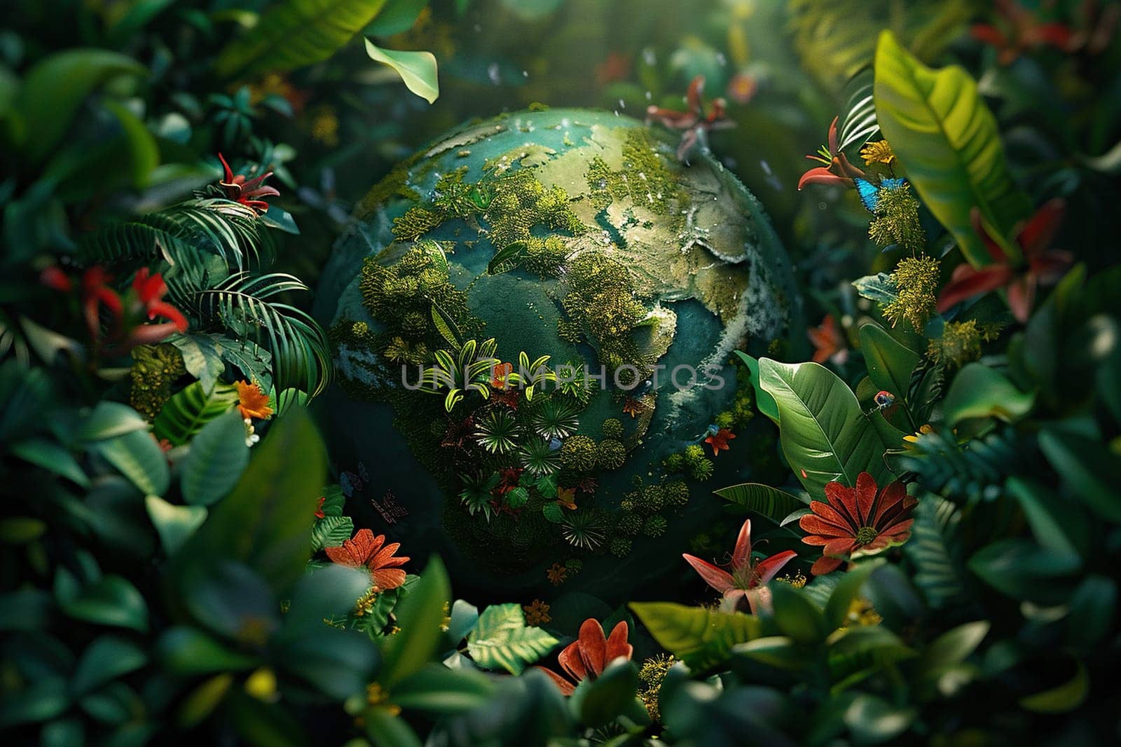 Globe with a background of tropical leaves and flowers. Environment conservation concept.
