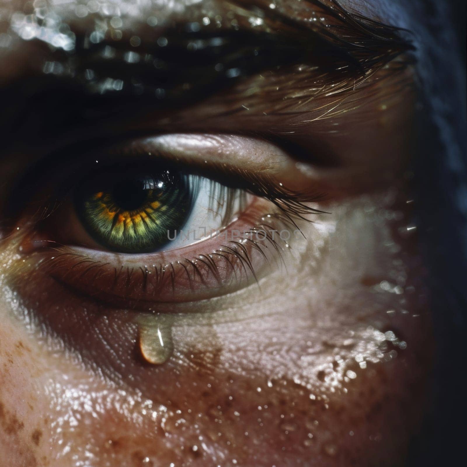 Detailed close-up of an eye brimming with tears, highlighting raw human emotion. by sfinks