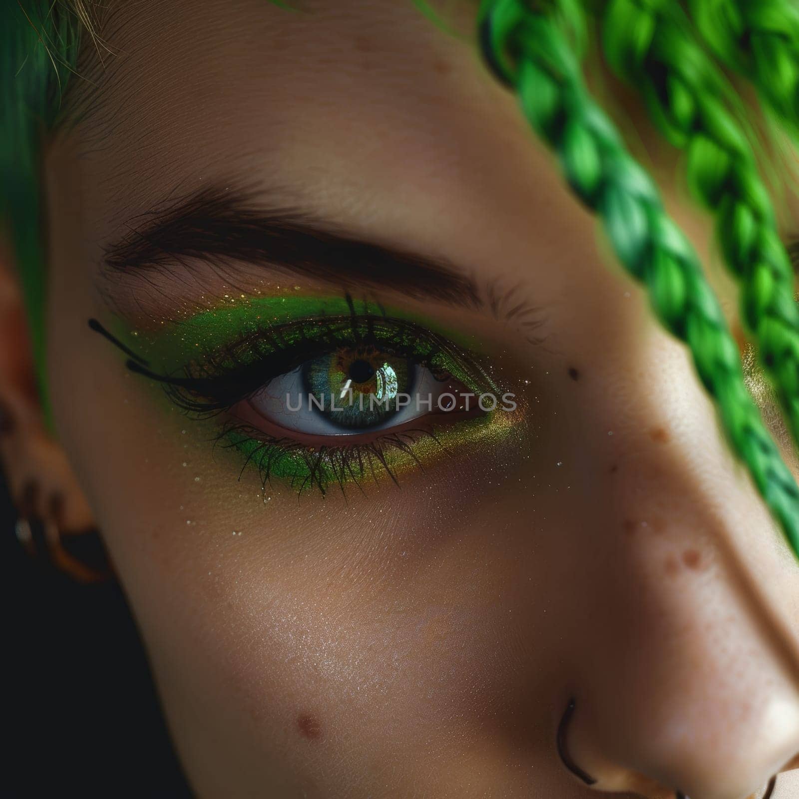 Close-up of a person's eye adorned with vivid green eyeshadow, emphasizing intricate makeup artistry. by sfinks