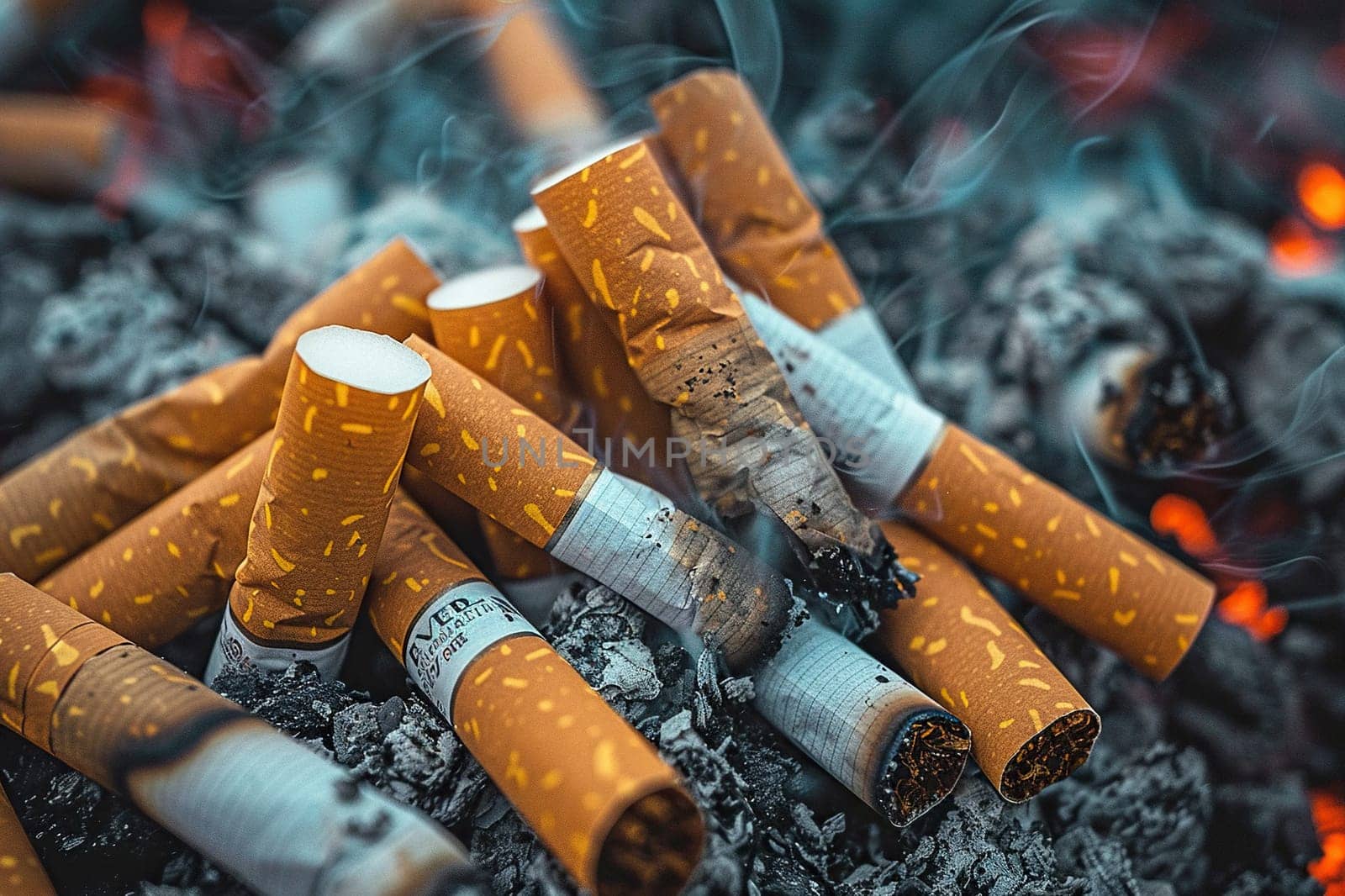 Close-up of cigarette butts with smoke and sparks. Generated by artificial intelligence by Vovmar