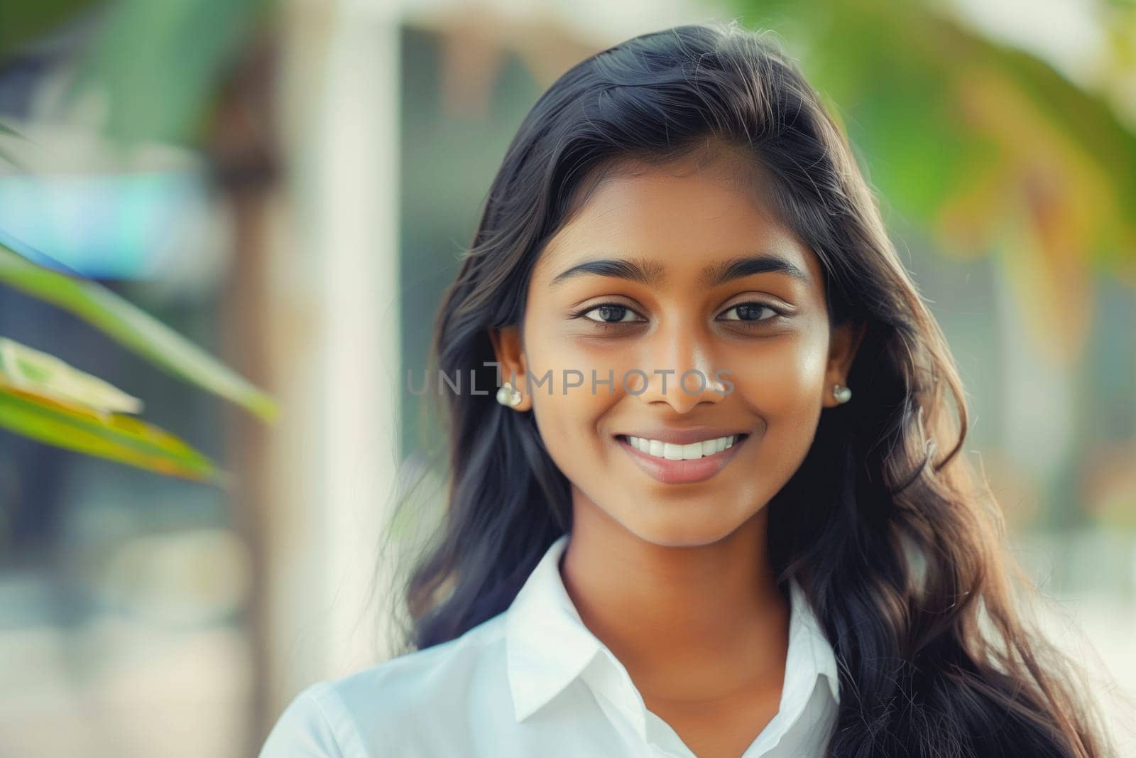 Portrait of confident happy young Indian woman employee standing outdoors, female worker wearing white shirt and looking at camera