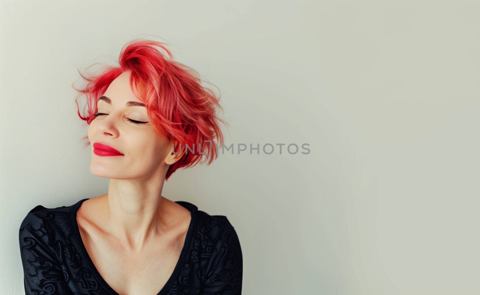 Fashion portrait of stylish mature woman with dyed hair, bright red hairstyle, lipstick on gray by Rohappy