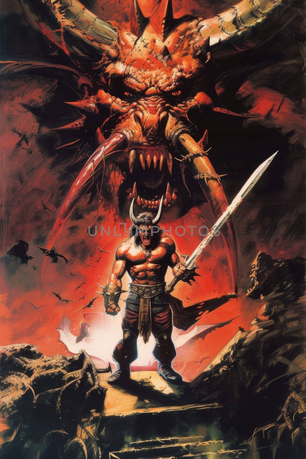 Warrior with sword stands defiantly before a gigantic demon in a fiery hellscape