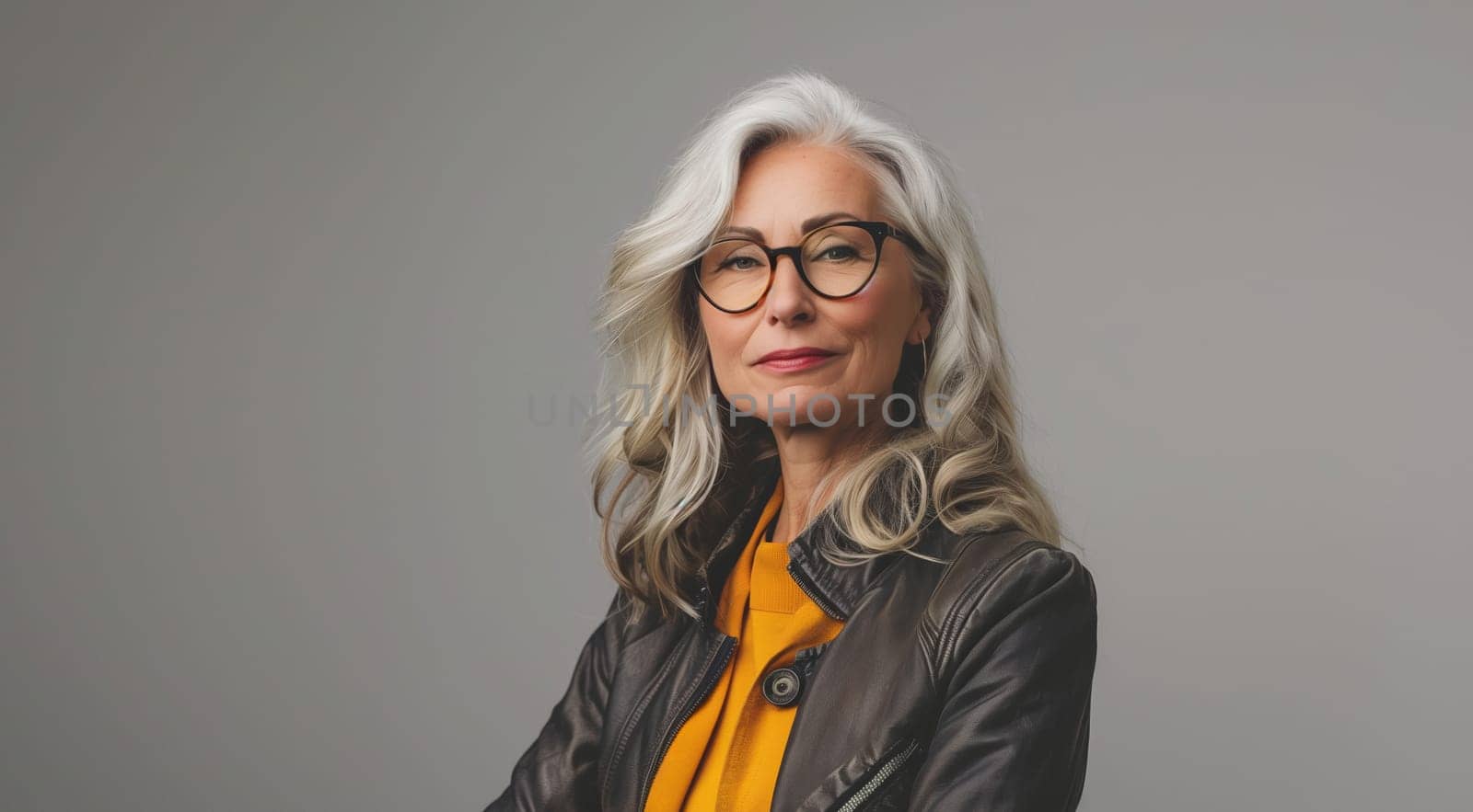 Fashion portrait of stylish senior woman with gray hair in glasses and leather jacket looking at camera on gray studio background