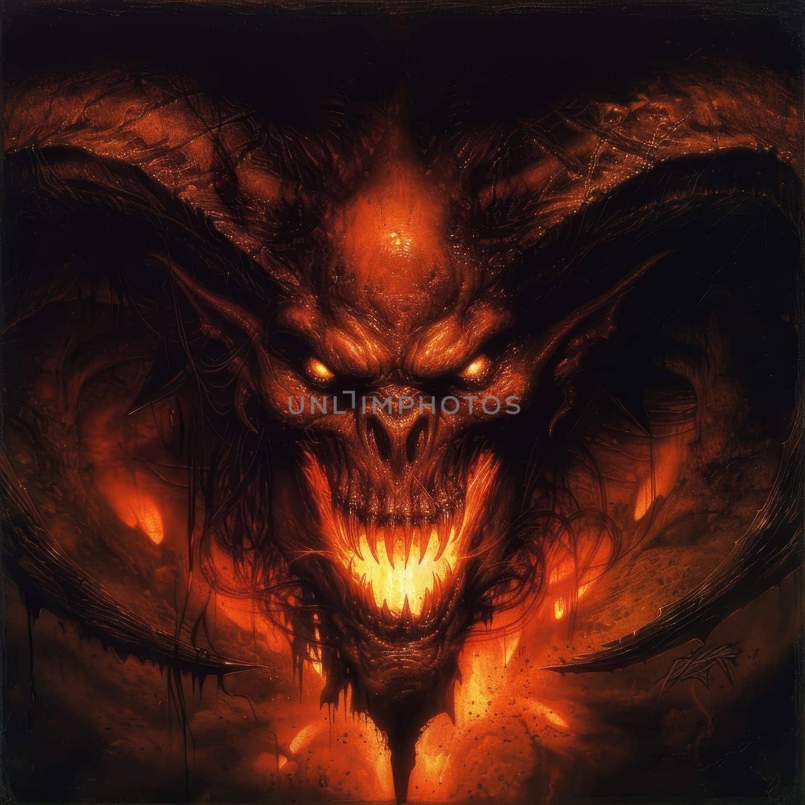 Artistic depiction of a fierce red demon with glaring eyes and large horns