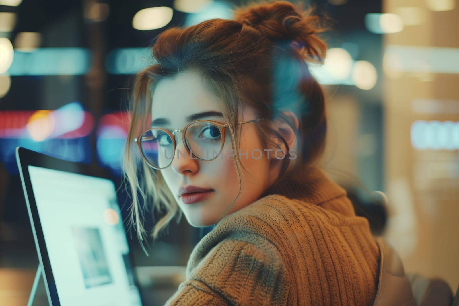 Portrait of employee young woman in glasses working on laptop in the office looking at camera by Rohappy