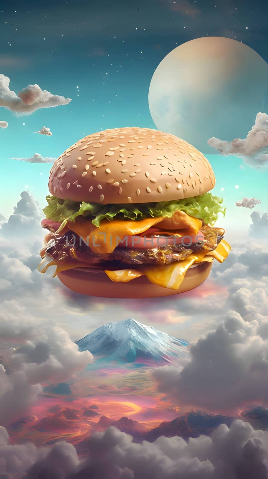 Abstract Illustration: A delectable hamburger floats against a captivating sky, forming a visually enticing composition that stimulates the senses.