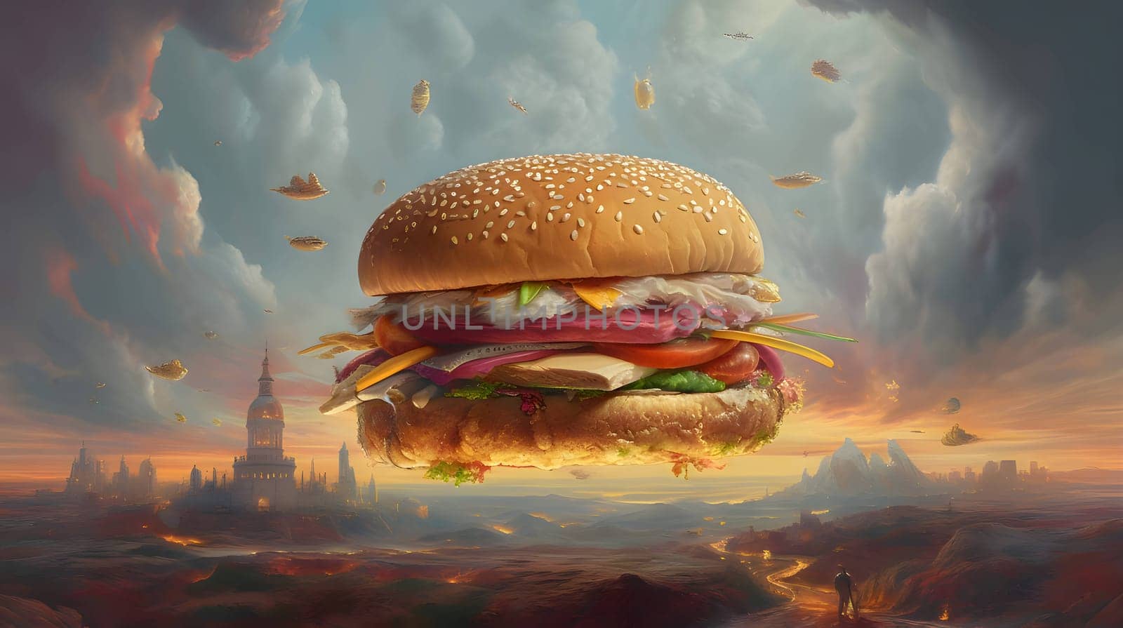 Abstract Illustration: A delectable hamburger floats against a captivating sky, forming a visually enticing composition that stimulates the senses.