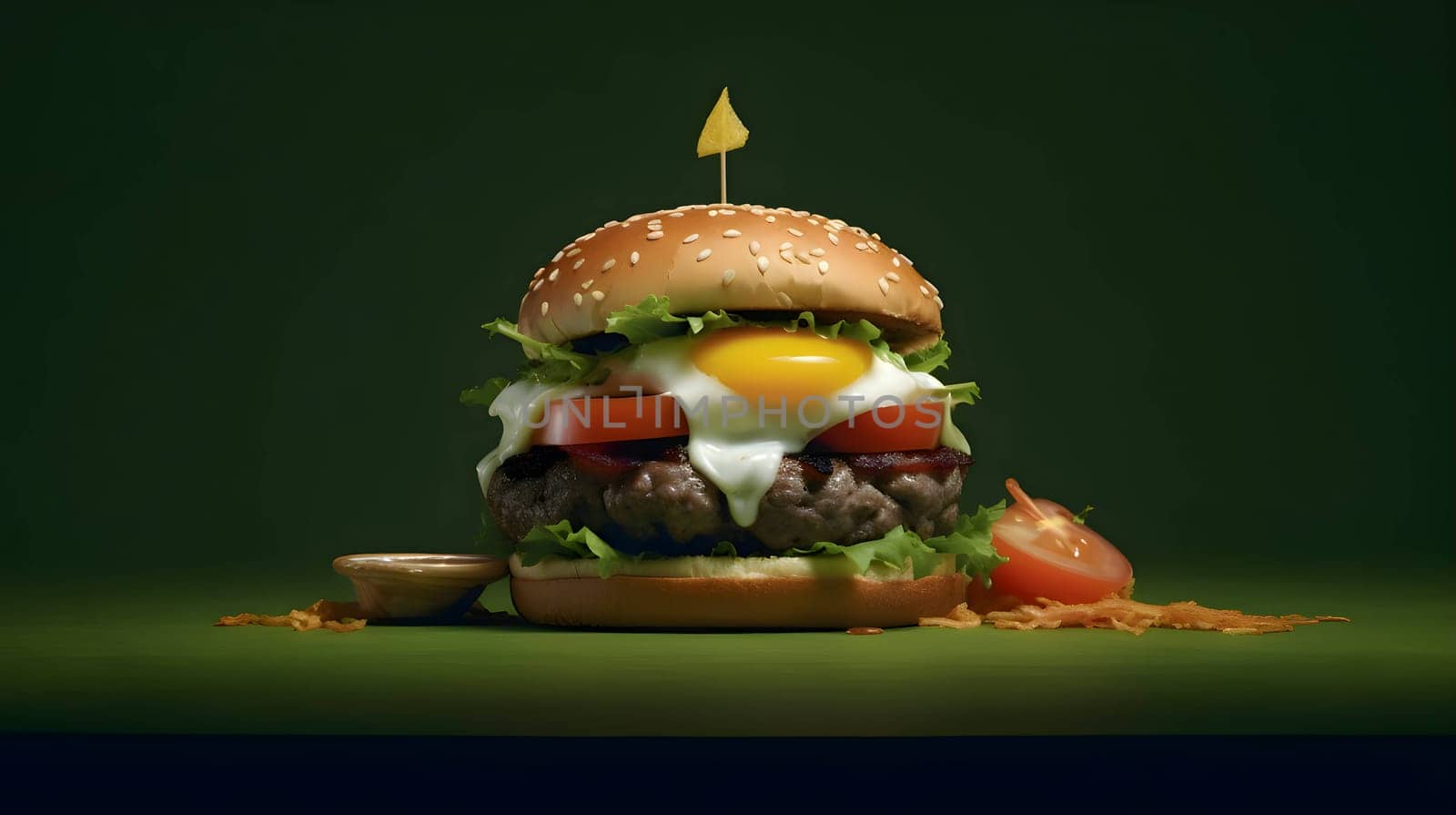 A scrumptious hamburger featuring fresh lettuce, juicy tomato slices, and a perfectly cooked egg, creating a delightful combination of flavors.