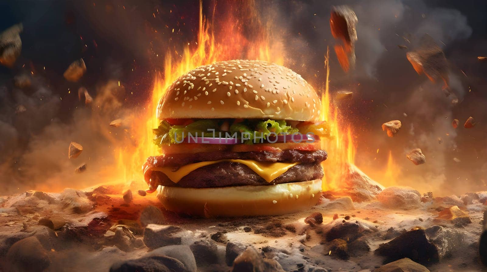 A sizzling burger with crisp lettuce, melted cheese, and savory onions, guaranteed to ignite your taste buds. An ideal choice for captivating advertisements.