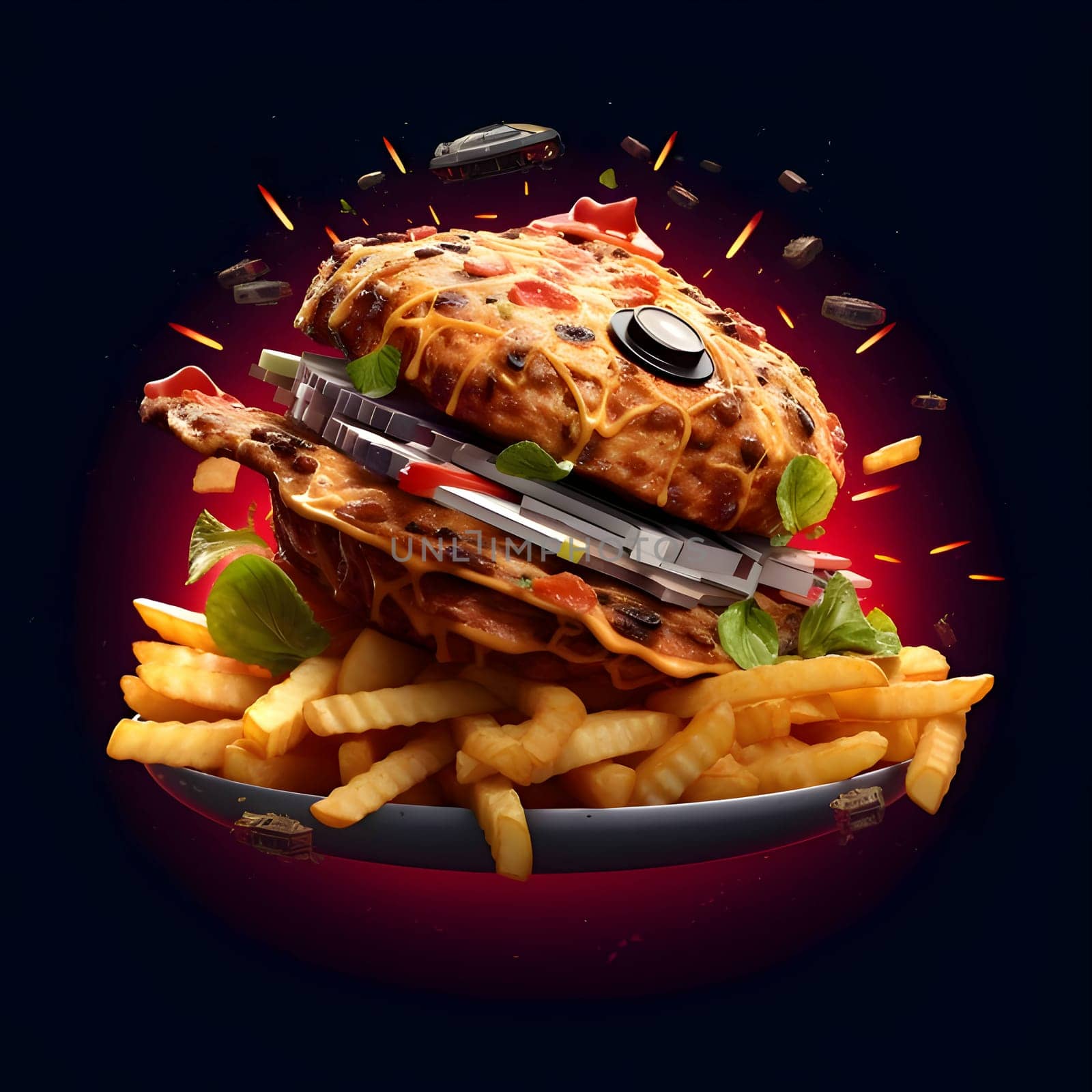 Illustration of a plate of fries and a burger in the shape of a meatloaf by ThemesS