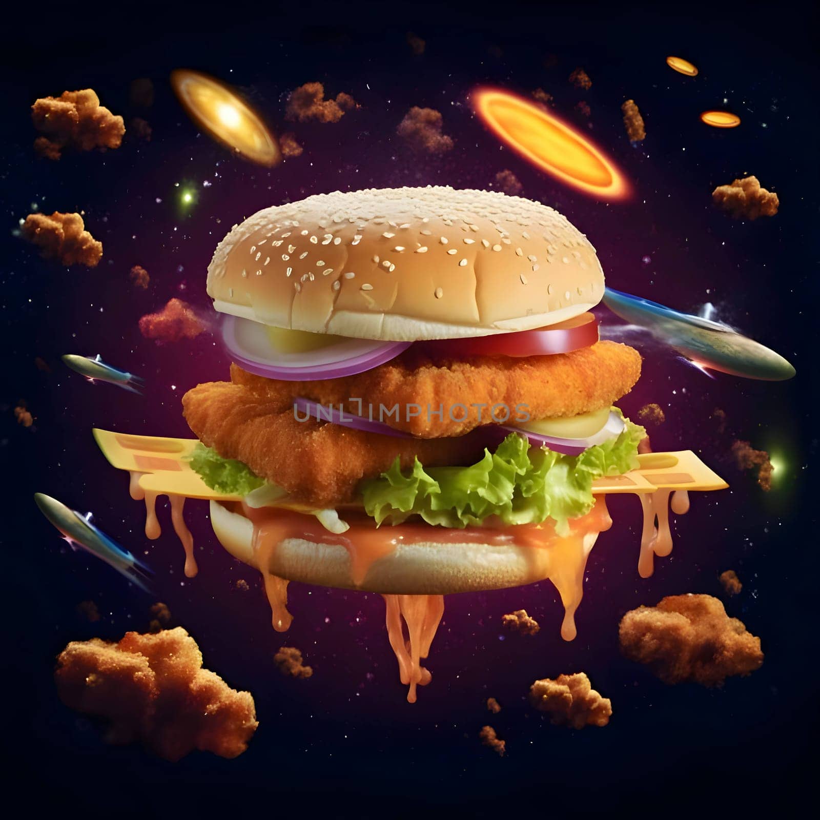 Illustration - chicken burger on the background of space with flying chicken nuggets by ThemesS
