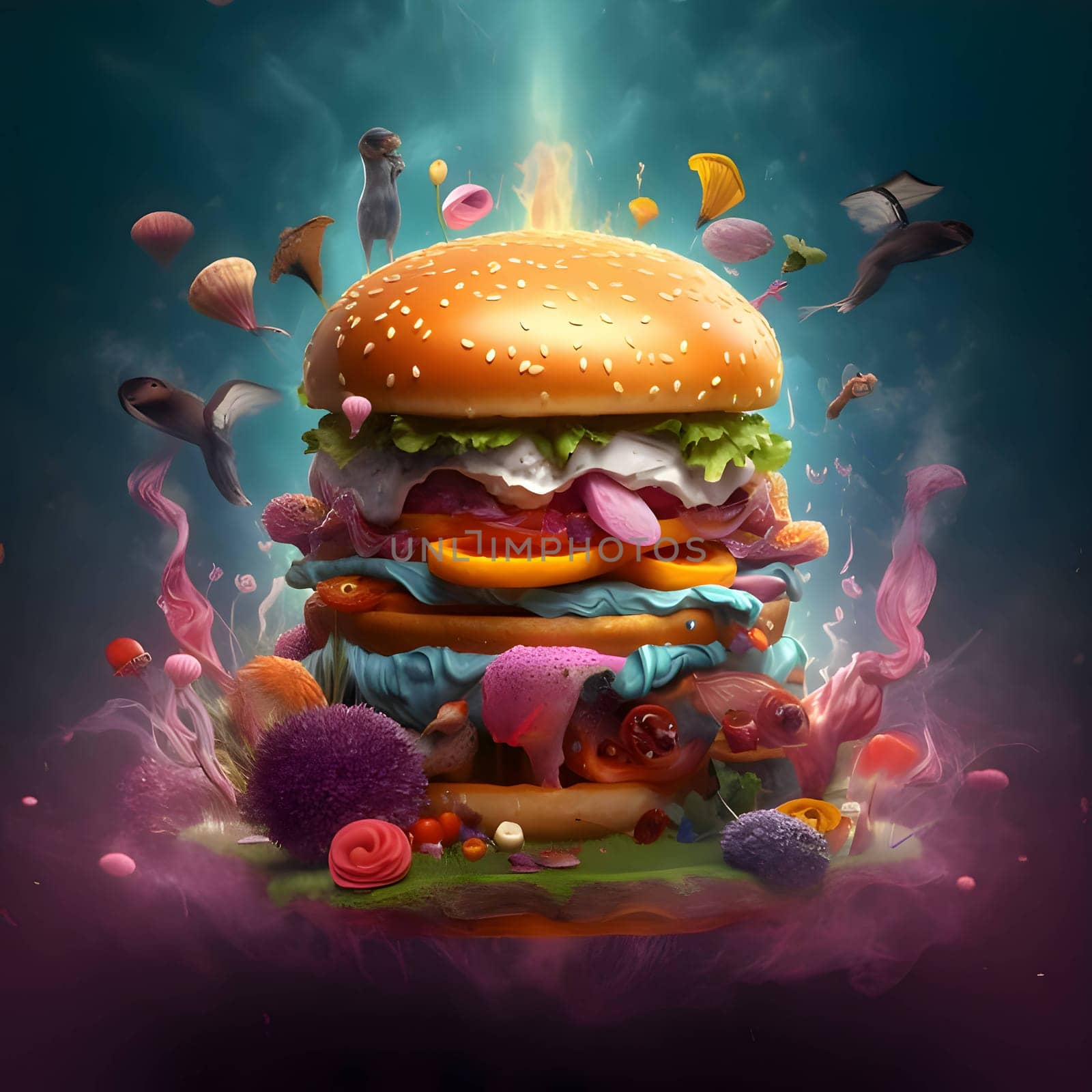 Abstract illustration of a water-inspired hamburger arrangement. Dynamic patterns and fluid forms depict the burger components, creating a unique visual experience.