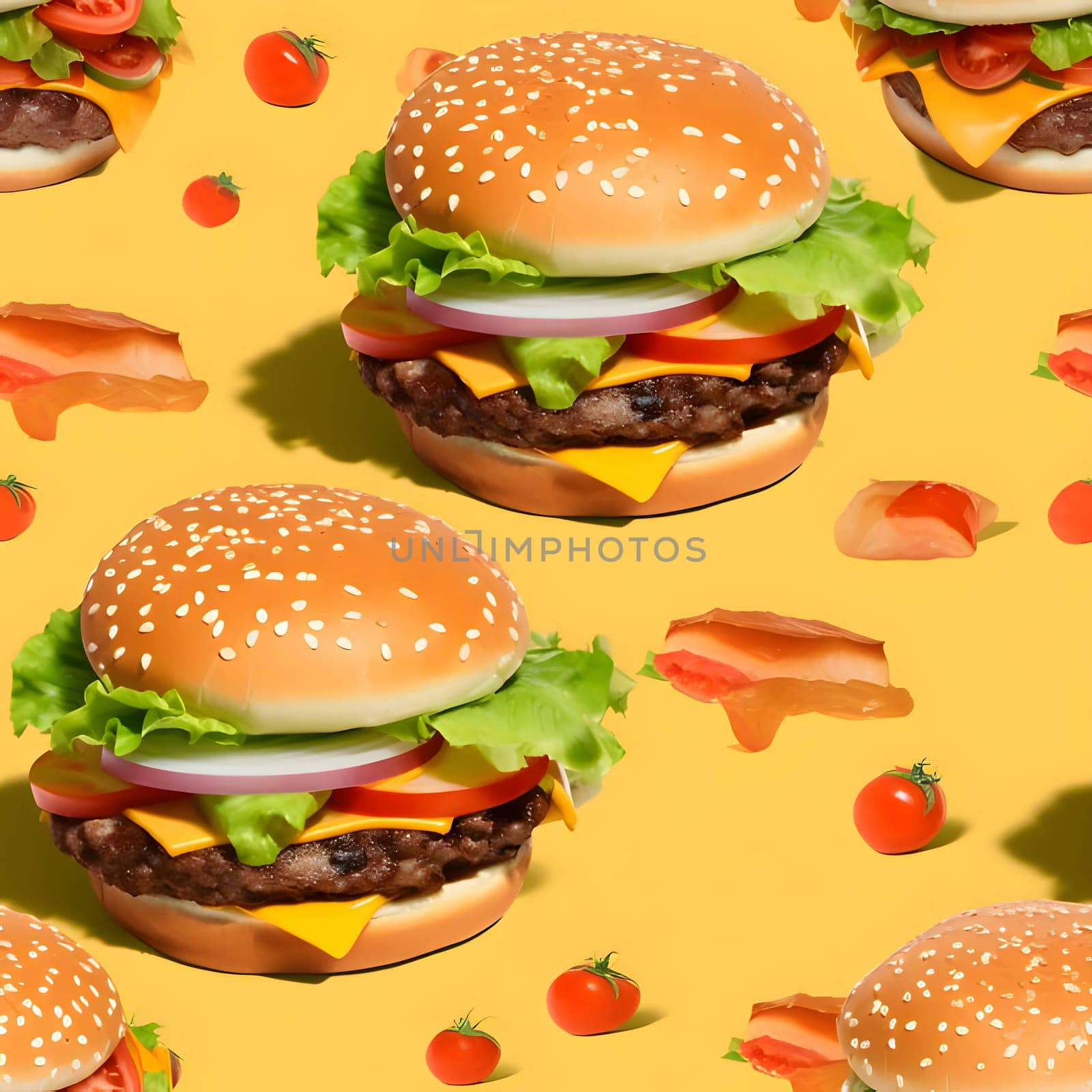A multitude of mouthwatering hamburgers displayed against a vibrant yellow backdrop.