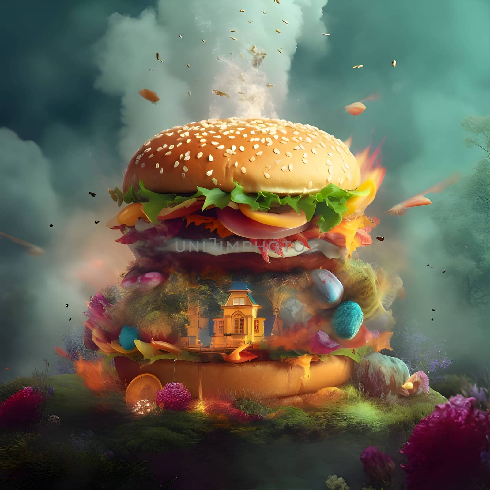 An abstract illustration showcasing the fusion of a hamburger and elements of nature, creating a captivating arrangement that celebrates culinary delights and the natural world.