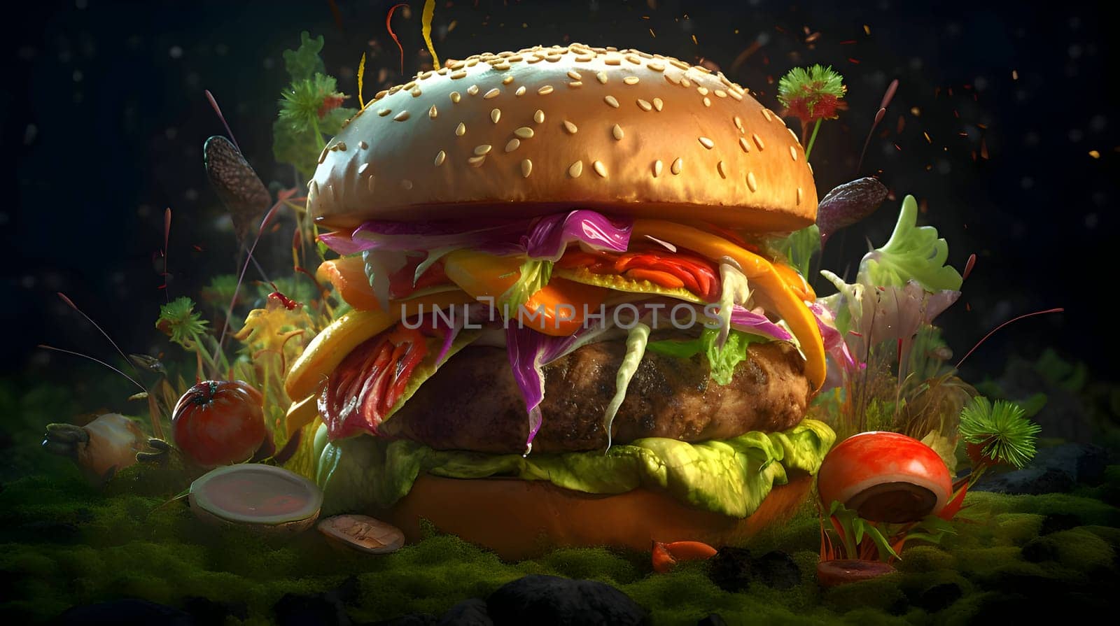 Abstract illustration of a hamburger on a background of nature by ThemesS